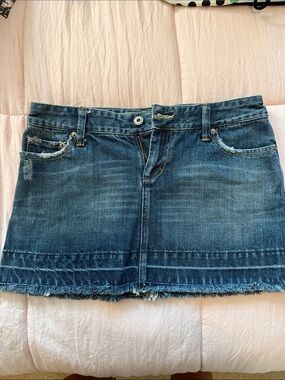 American Eagle Outfitters Blue Denim Mini Skirt with Frayed Hem